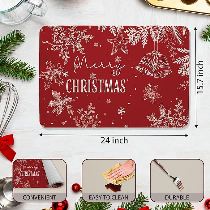 Red Merry Christmas Dish Drying Mat, Winter Snowflake Holly Leaf Coffee Bar Mat for Countertops, Holiday Christmas Absorbent Dish Drying Mats for Kitchen Counter Coffee Maker, 16x24 Inch