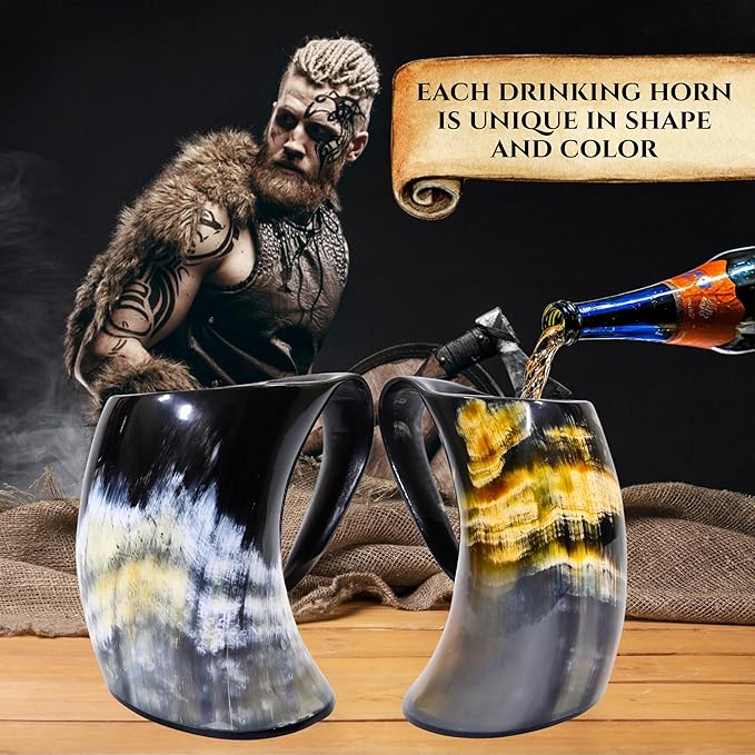 Viking Craft's Horn Mug - Beer Mug | Handmade Drinking Horn for Norse Myth Fans | Unique Gifts for Men & Women| Rustic Viking Drinking Cups for Mead, Ale, Beer| Tankard Gift, Made From Ox - 16oz