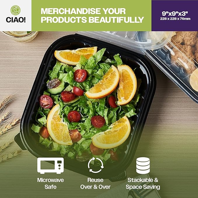 CIAO! 9"x9"x3" Polypropylene Black bottom with Clear Lid Hinged Container 1 Compartment Take Out Container, Microwavable, Recyclable and Reusable, (Case of 150)