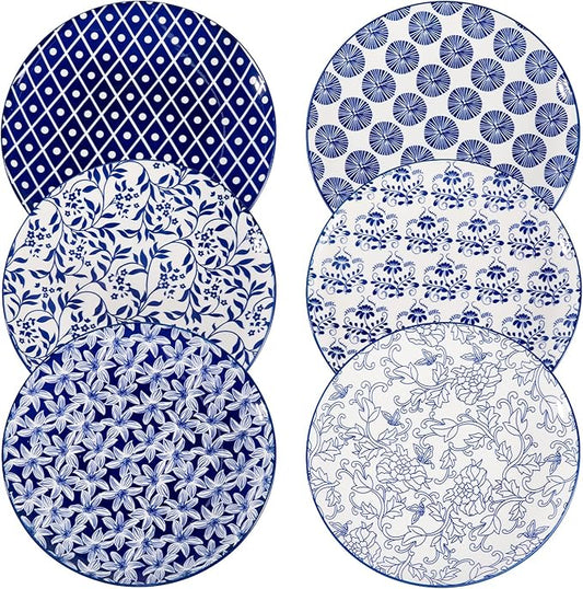 Sweejar 10.5 Inch Ceramic Dinner Plates Set, Large Porcelain Dessert Plates, Microwave & Dishwasher Safe Party Plates for Salad, Pasta, Meat Steak, Set of 6(Vintage Blue)
