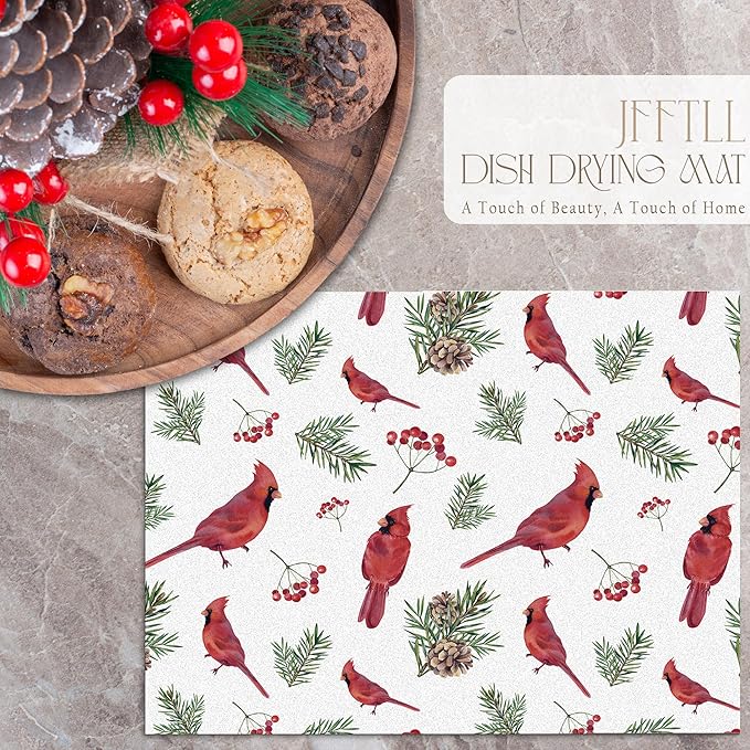 Winter Christmas Red Cardinal Dish Drying Mat, Cardinal Lovers Gifts, Berry Xmas Pine Branch Absorbent Dish Drainer Reusable Washable Drying Mat Pad for Kitchen Counter, 12×15 Inch
