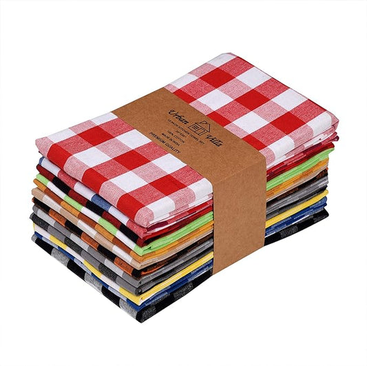 Urban Villa Kitchen Towels Set of 12 Buffalo Checks Multi Color Kitchen Towels 20X30 Inches 100% Cotton Highly Absorbent KitchenTowels Premium Quality Ultra Soft Mitered Corners KitchenTowels