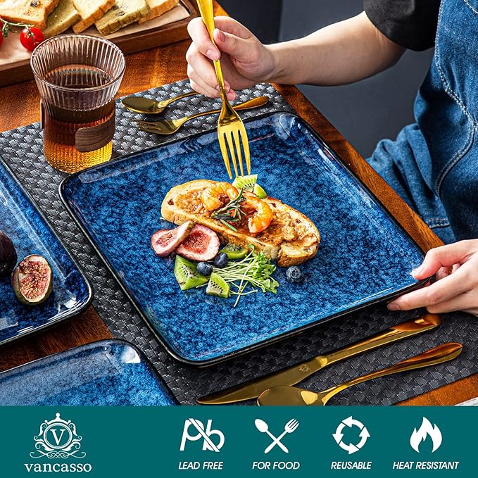 vancasso Stern Square Dinner Plates Set of 4, 10.5 Inch Dessert Plates, Reactive Change Glaze Blue Serving Pasta Salad Plate Dish, Scratch Resistant