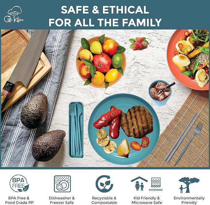 48 Pcs Wheat Straw Dinnerware Sets for 6- Unbreakable Dinnerware Set with Large Plates, Bowls and Cups-BPA Free, Lightweight, Microwave Safe Wheat Straw Plates and Bowls Sets, RV Camping Dishes