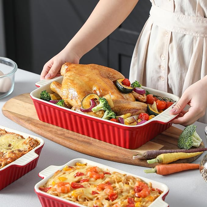 Bakeware Set of 4, MALACASA Porcelain Baking Pans Set for Oven, Casserole Dish, Ceramic Rectangular Baking Dish Lasagna Pans for Cooking Cake Pie Dinner Kitchen, Red (9.5"/11.25"/12.75"/14.5")