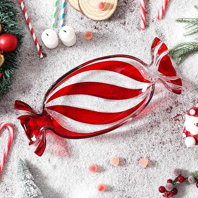 Christmas Candy Glass Plate, Christmas Theme Serving Tray for Holiday Desserts, Cookies & Candy Display, Festive Party Bowl, Red XMAS Decorations Large