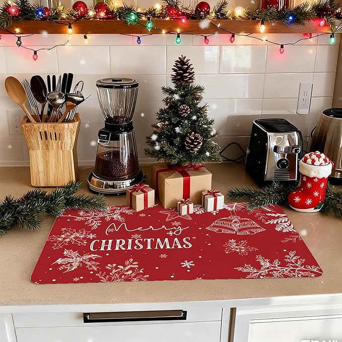 Red Merry Christmas Dish Drying Mat, Winter Snowflake Holly Leaf Coffee Bar Mat for Countertops, Holiday Christmas Absorbent Dish Drying Mats for Kitchen Counter Coffee Maker, 16x24 Inch