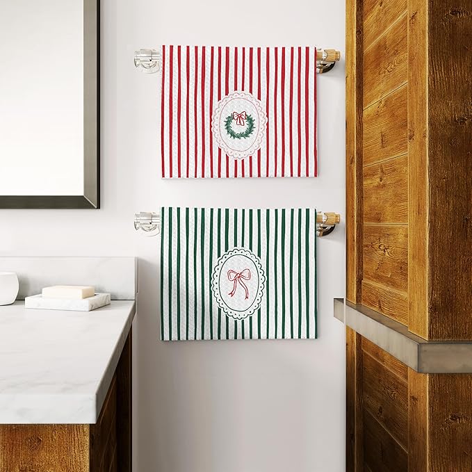 Red and Green Striped Christmas Kitchen Towels Set of 3, Preppy Bow Christmas Dish Tea Towels for Kitchen, Xmas Tree Wreath Decorative Hand Towel for Bathroom, 16x24 Inch