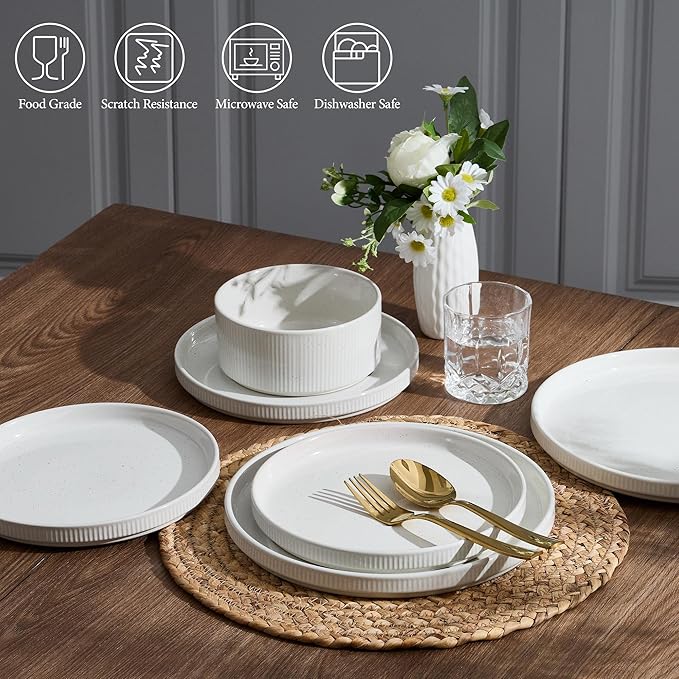 E-far 24-Piece Stoneware Dinnerware Sets, Plates and Bowls Sets for 8, Kitchen Modern Dinning Porcelain Dishes Set, Chip & Scratch Resistant, Dishwasher & Microwave Safe, Speckled White