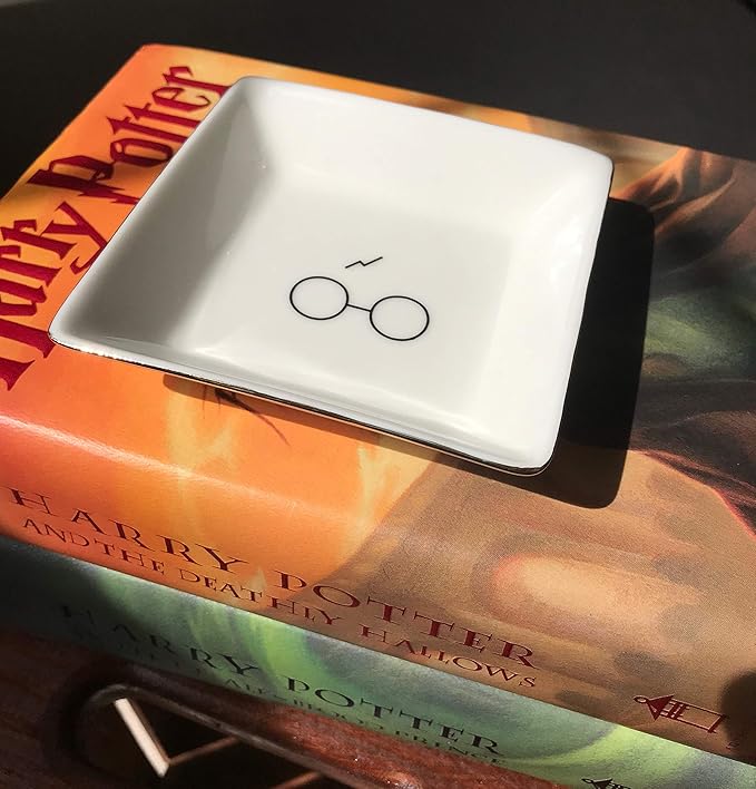 Simply Charmed Porcelain Jewelry Ring Holder Tray – Harry Potter Gift, Porcelain Trinket Dish, 4"x4" White with Golden Glaze, Jewelry Organizer