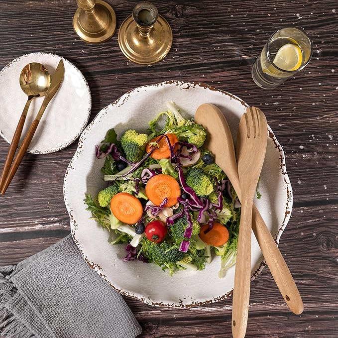 Rustic Melamine Serving Bowls, 12 inch Larger Salad Bowl Set, Set of 2, Farmhouse White large Melamine Bowl, Lightweight and Unbreakable, Dishwasher Safe…