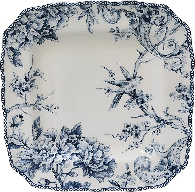 222 Fifth Adelaide 16-Piece Square Floral Dinnerware Set – Service for 4, Blue & White Porcelain Plates & Bowls, for Everyday Dining & Entertainment, Microwave & Dishwasher Safe, Chip Resistant