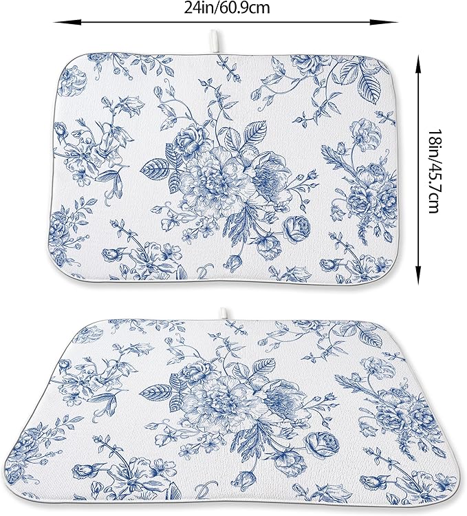 Blue Floral Dish Drying Mats 18x24 Inch Blue and White Chinoiserie Flower Drying Mats Seasonal Vintage Decorative Coffee Bar Mat Absorbent Fast Drying for Kitchen Dining Room Decor