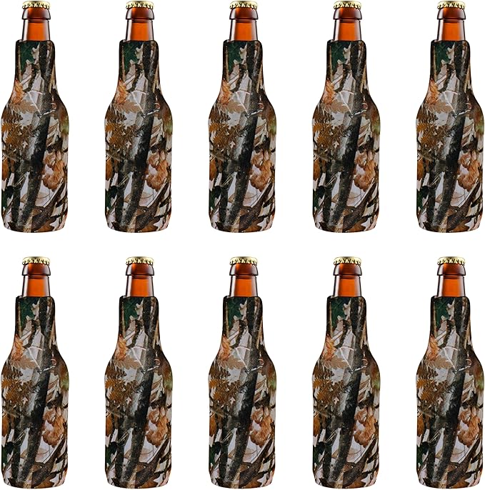 10 Neoprene Zippered Beer Bottle Coolies Pack - Sharkskin Rubber Bottom - Camo3