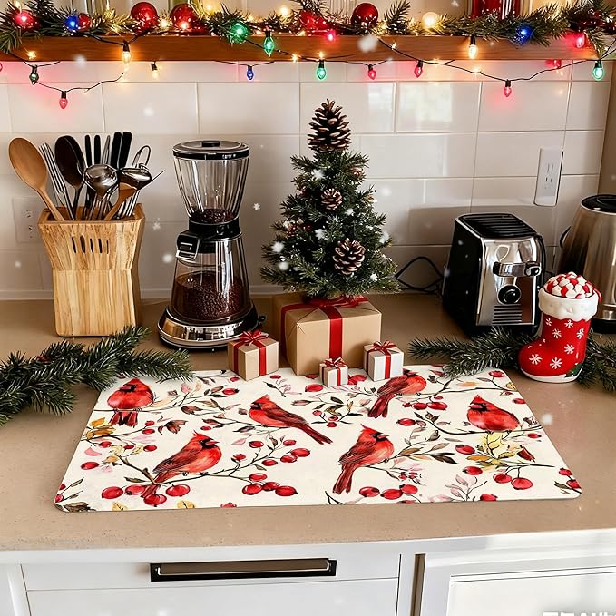 Christmas Red Cardinal Dish Drying Mat, Christmas Berry Tree Cardinal Coffee Bar Mat for Countertops, Rustic Xmas Absorbent Dish Drying Mats for Kitchen Counter Coffee Maker, 16x24 Inch
