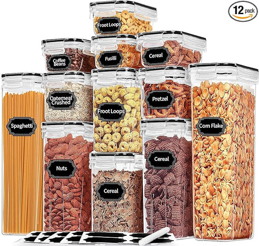 PRAKI Airtight Food Storage Containers with Lids, 12PCS Plastic Kitchen Storage Containers for Pantry Organizers and Storage - Cereal, Rice, Flour and Sugar Containers with Labels & Marker