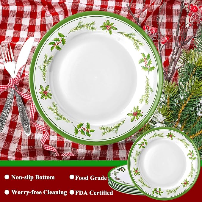 6 Pcs Christmas Dinner Plates Xmas Tree Melamine Dinnerware Green Plates Xmas Wreath Dishes Holiday Tableware for Dessert Salad Appetizer Birthday Party(Christmas Wreath,10 Inches)