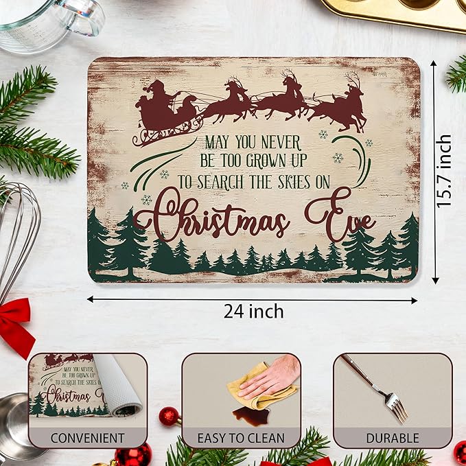 Vintage Christmas Eve Dish Drying Mat, Xmas Santa Reindeer Sleigh Coffee Bar Mat for Countertops, Retro Christmas Tree Absorbent Dish Drying Mats for Kitchen Counter Coffee Maker, 16x24 Inch