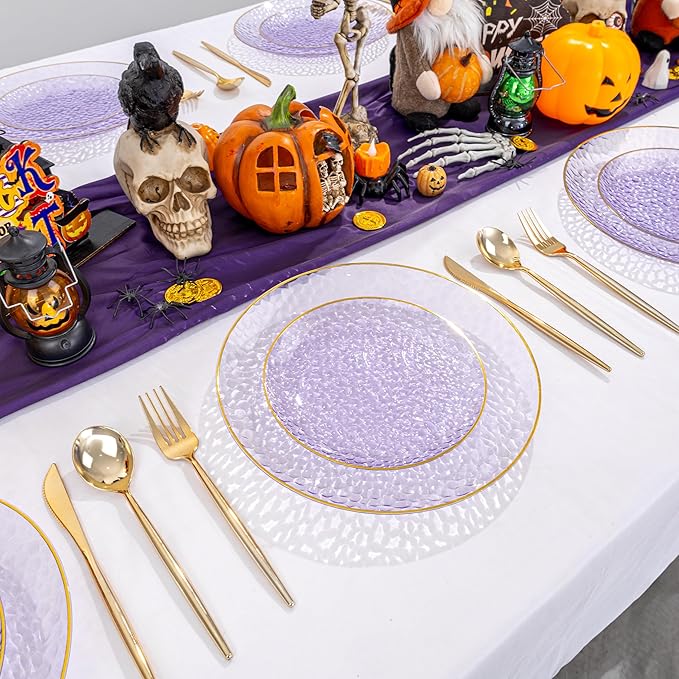 SUT 100Pcs Purple Plastic Plates, Hammered Plates Disposable Heavy Duty, Purple Disposable Plates With Gold Rim, Fancy Plastic plates Include 50 Dinner and 50 Dessert plate for Wedding