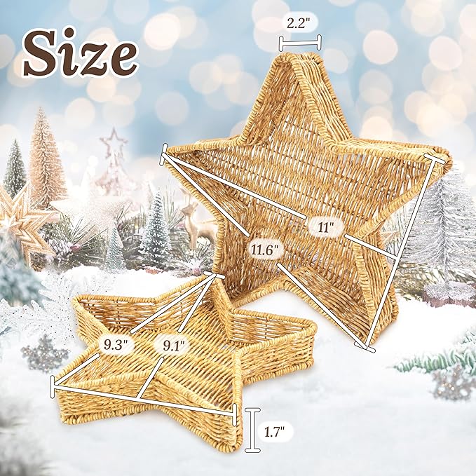 Star Wicker Basket, Star Shaped Plate, Holiday Appetizer Tray, Christmas Serving Dishes and Platters, Oat Milk, Resin Wicker Set of 2