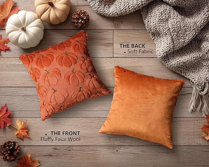 4TH Emotion Fall Pumpkins Decorative Pillow Covers 16x16 Set of 2, Dark Rust Red Soft Plush Faux Fur Wool Farmhouse Throw Cushion Cases for Autumn Thanksgiving Holiday Home Decorations