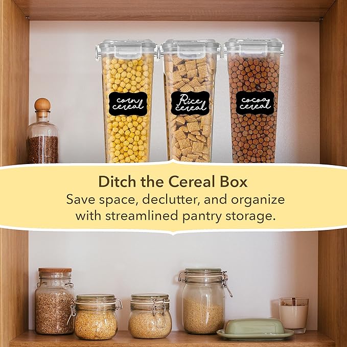 Simply Gourmet Airtight Cereal Containers with Lids – 3 Piece Tall Kitchen Pantry Organization Set, BPA-Free Clear Plastic, Pour Spout Lids for Breakfast Cereal, Rice, Flour, Sugar, Snacks
