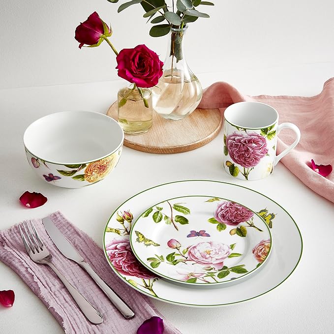 Portmeirion Home Roses 16 Piece Set - Delicate Pink Rose & Butterfly Pattern, Dishwasher Safe Porcelain Dinnerware for Garden Parties, Bridal Showers, Tea Time & Family Gatherings - 10.5" Plates