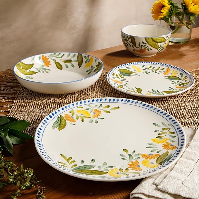 Bloomhouse Posy Blossom Double Bowl Hand Painted Stoneware Plates and Bowls Floral Dinnerware Set, Service for Four (16pcs)