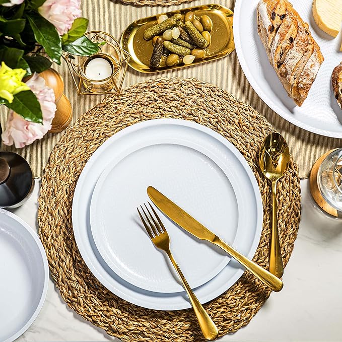 bzyoo 12 Piece Melamine Dinnerware Set - Durable, Dishwasher Safe White Plates and Bowls - for Casual Dining, Parties Dish Set, White Mono Collection