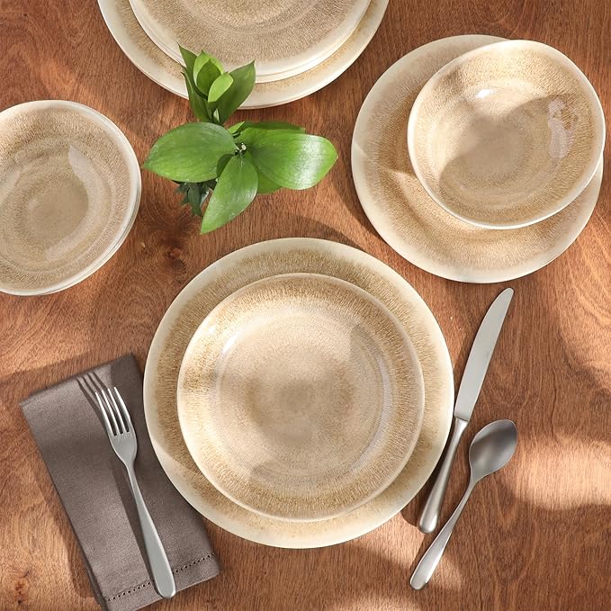 Gibson Home Casper Court 16-Piece Melamine Dinnerware Set – Beige Reactive Glaze Look Plates and Bowls, Service for 4 – Top Rack Dishwasher Safe Everyday Dining Set