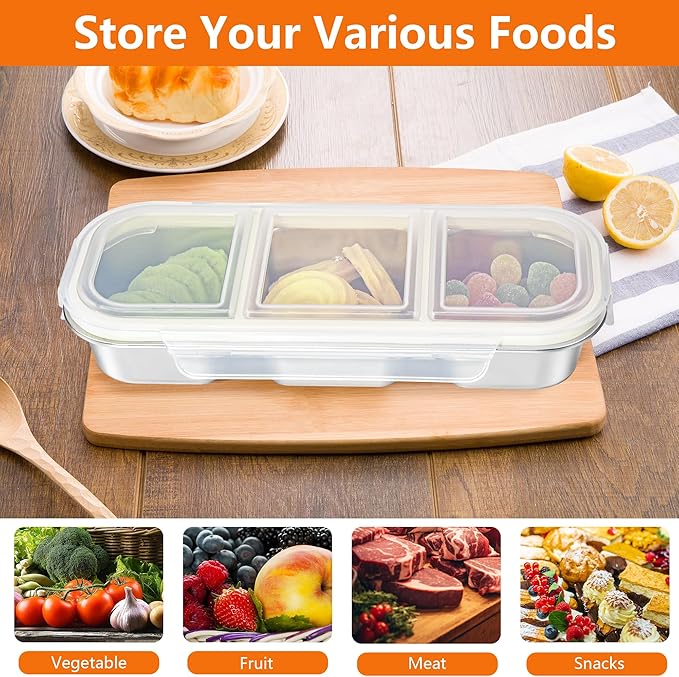 Stainless Steel Snack Containers with Lid, Leakproof 3 Compartment Bento Box, 2Pack Reusable Snackle Box for Travel Home Picnic Work