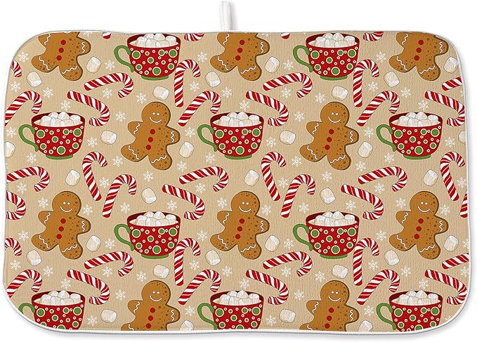 Christmas Dish Drying Mats 18x24 Inch Candy Cane Snowflake Gingerbread Man Drying Mats Xmas Winter Holiday Kitchen Decor Absorbent Drying Pad Rack Drainer Mats for Kitchen Dining Room Counter