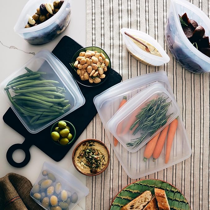 Stasher Premium Silicone Reusable Food Storage Bags, 6-Pack, Clear, Multi-Use Food Storage Bags, Lunch Bag, Travel Containers, BPA Free, Leak-free, Dishwasher-Safe, Eco-friendly