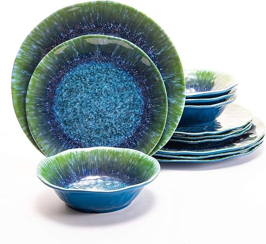 Melamine Dinnerware Set 12 PCS Teal Turquoise Tableware Plates Bowls Blue Green Dishwasher Safe Not Microware Not Oven