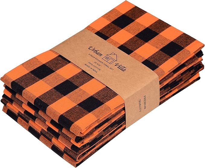 Urban Villa Halloween Kitchen Towels Set of 6 Dish Towels Size 20''x30'' Buffalo Checks Orange/Black 100% Cotton Highly Absorbent Quick Drying Dish Cloths & Dish Towels with Hanging Loop Tea Towels