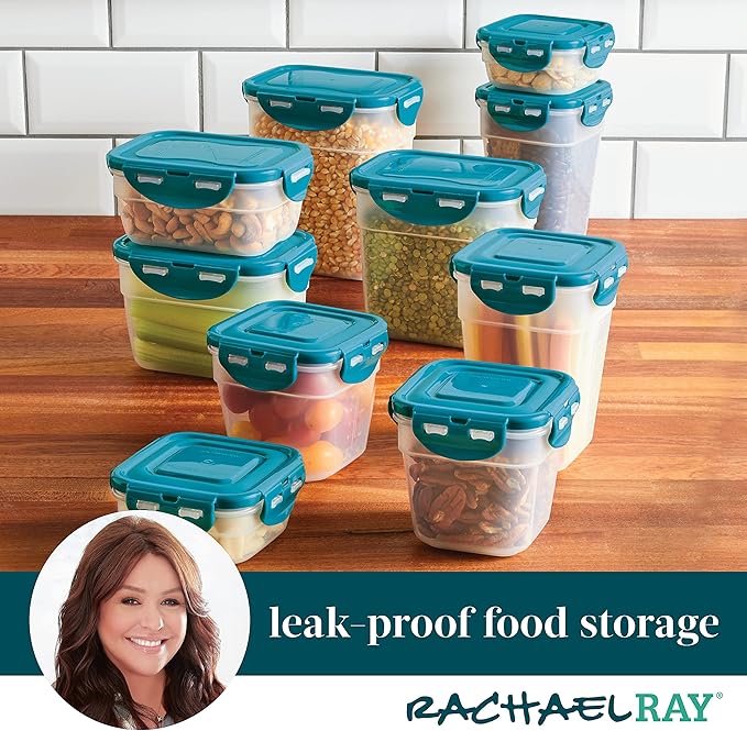 Rachael Ray Leak-Proof Stacking Container Food Storage Bin Set, 20-Piece, Clear with Teal Lids