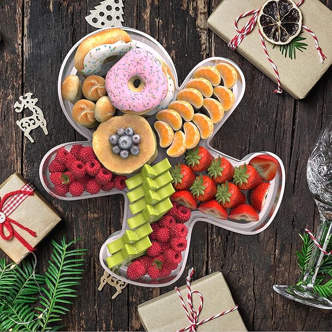 11" Christmas Gingerbread Man Charcuterie Boards, Acrylic Reusable Serving Tray for Dessert Appetizer Display, Cute Decorative Snack Platter for Xmas Party Table Decoration