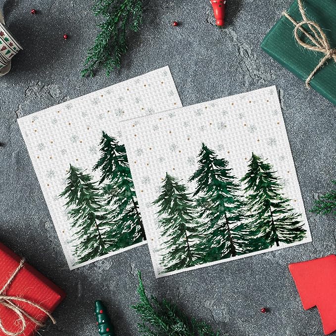 Artoid Mode Snowflakes Xmas Tree Christmas Kitchen Dish Cloths, 12x12 Inch Quick Dry Microfiber Dishcloths for Kitchen Dish Rags Set of 2