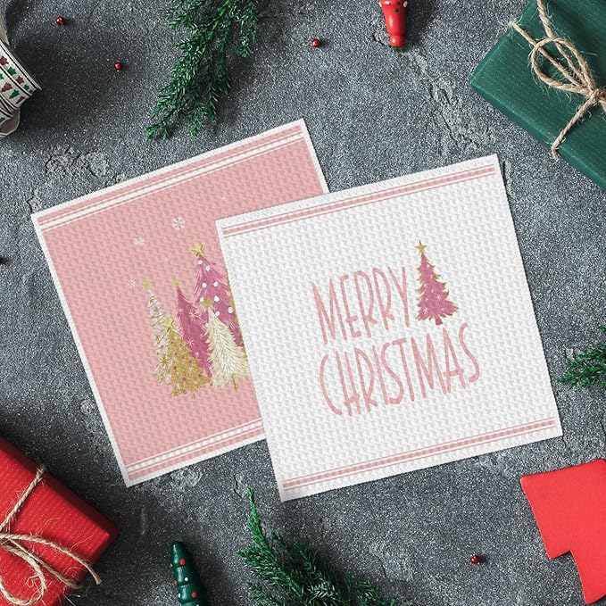 Artoid Mode Pink Star Xmas Tree Merry Christmas Kitchen Dish Cloths, 12x12 Inch Quick Dry Microfiber Dishcloths for Kitchen Dish Rags Set of 2