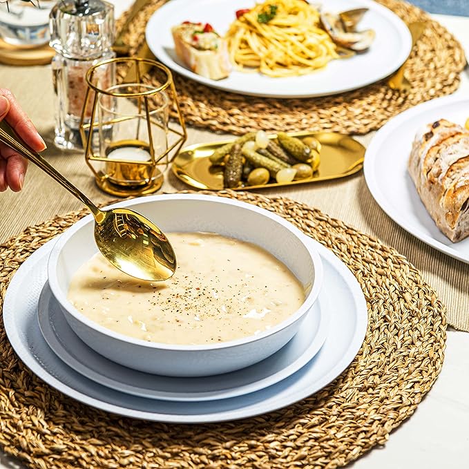 bzyoo 12 Piece Melamine Dinnerware Set - Durable, Dishwasher Safe White Plates and Bowls - for Casual Dining, Parties Dish Set, White Mono Collection