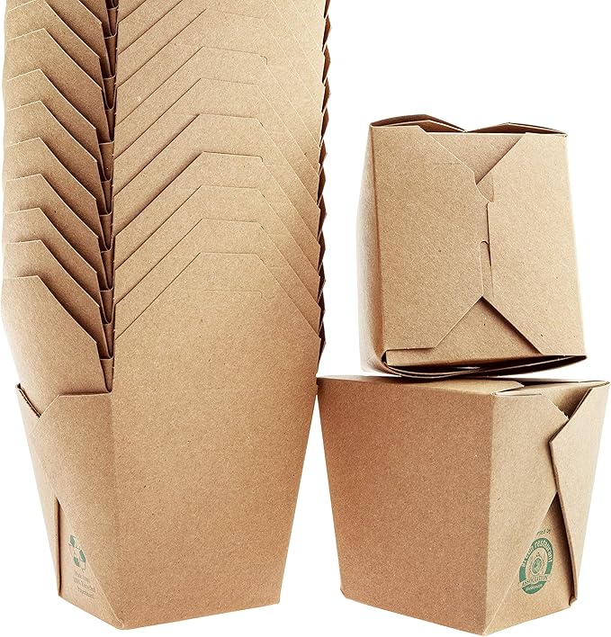 Recyclable 8oz 16oz Brown Chinese Takeout Boxes 100pk. 50 Each 16 and 8 Ounce Leakproof, Greaseproof To Go Containers For Restaurants and Food Service. Best Value Bulk Pack Microwaveable Meal Pails