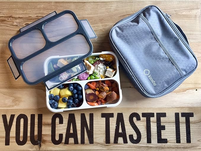 Bento Lunch Box with Bag and Ice Pack Set | Bento Box Adult Lunch Box | 3 Compartment Boxes, Insulated Bags for Work School | Containers for Teens Adults Boys Kids Lunches | Grey Black Large Kit