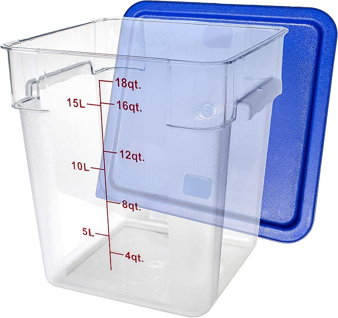 Tiger Chef 18 Quart Commercial Grade Clear Food Storage Square Polycarbonate Containers With Blue Lids 4 Pack