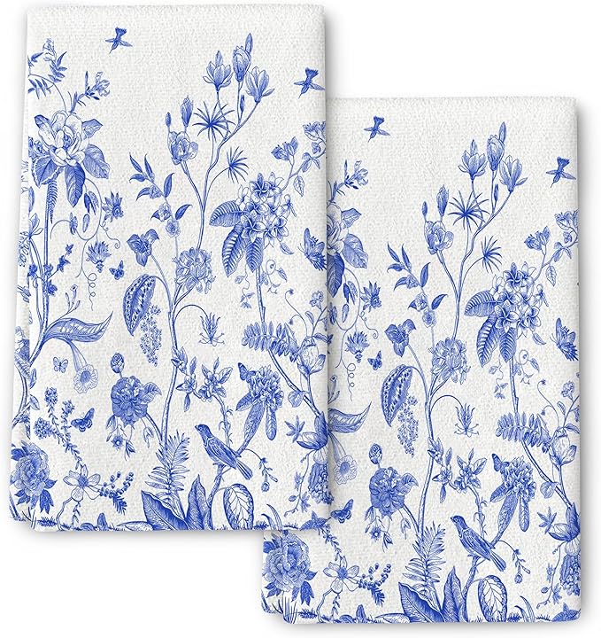 Chinoiserie Floral Kitchen Towels Decorative Set of 2, Soft Absorbent White Blue Flowers Bird Hand Tea Towels for Kitchen Farmhouse Holiday Home Decorations 16x24 Inch