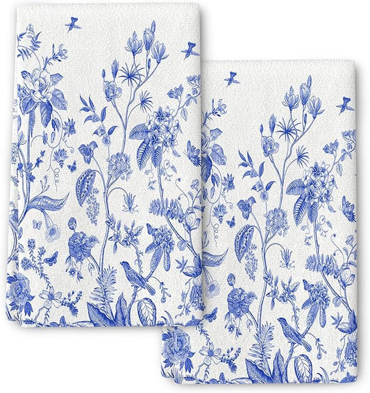 Chinoiserie Floral Kitchen Towels Decorative Set of 2, Soft Absorbent White Blue Flowers Bird Hand Tea Towels for Kitchen Farmhouse Holiday Home Decorations 16x24 Inch