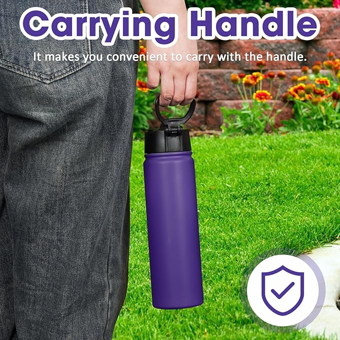 24 oz Insulated Water Bottle with Straw, Stainless Steel Double Wall Vacuum Thermos with Straw Lid Leak Proof, Wide Mouth Lid, Keep Cold and Hot