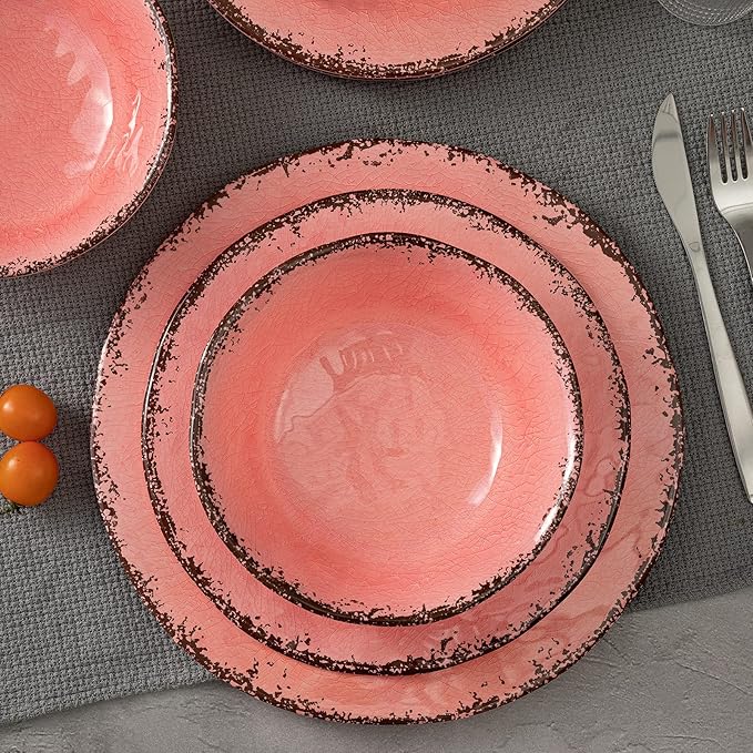 LEHAHA Melamine Dinnerware Sets, Farmhouse Dinnerware Set, Camping Dishes Set, BPA free and Lightweight, Durable Outdoor Plates and Bowls Set, Service for 4 (12 piece), (Pink)