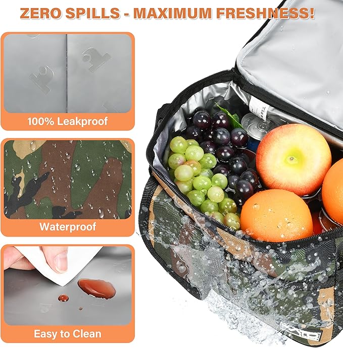 Tirrinia Insulated Lunch Bag for Women Men, Leakproof Lunch Box Containers for Adult, Work, School, Soft Lunchbox for Kids,Boys, Adult Cooler Bag for Picnic Hiking Beach,Camo