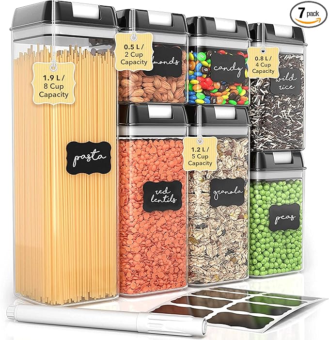 Simply Gourmet Airtight Food Storage Containers with Lids – 7 Piece Assorted Size Kitchen Pantry Organization Set, BPA-Free Clear Plastic, Stackable Containers for Cereal, Flour, Sugar, Rice, Snacks