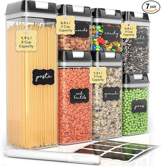 Simply Gourmet Airtight Food Storage Containers with Lids – 7 Piece Assorted Size Kitchen Pantry Organization Set, BPA-Free Clear Plastic, Stackable Containers for Cereal, Flour, Sugar, Rice, Snacks